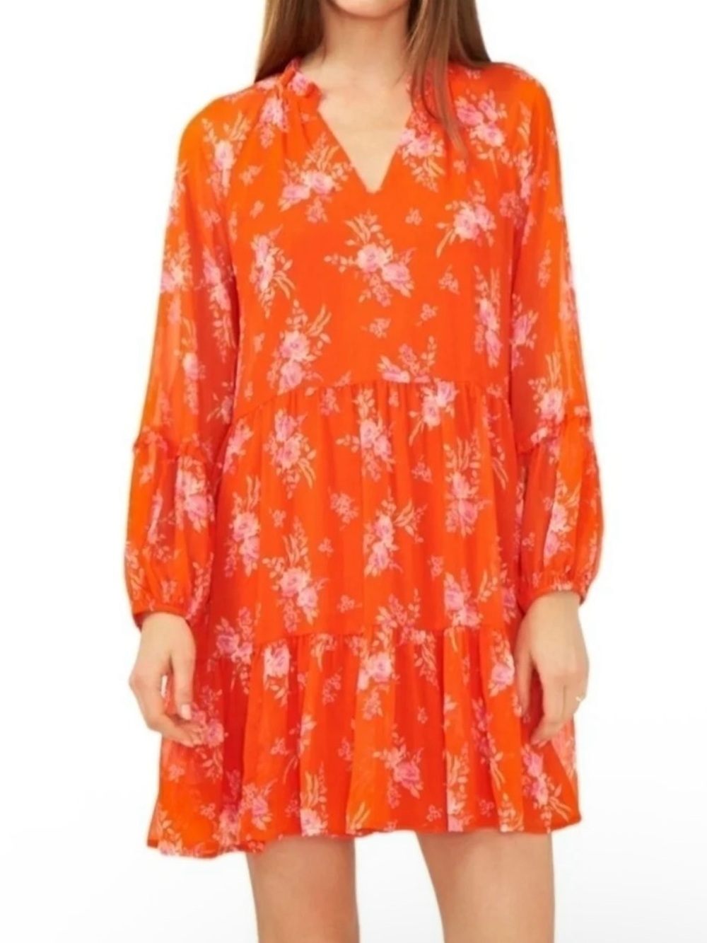 Vince Camuto Floral Tiered Mini Dress Orange/Pink Size Large